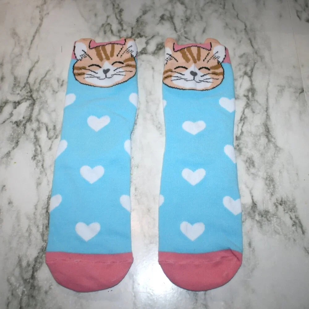 CAT LADY Socks Ankle Short Anklets Animal Print Hearts Orange White Multicolor
